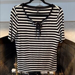 Talbots Black and White Striped Tee with Bow and Stretch for Comfort Size Medium